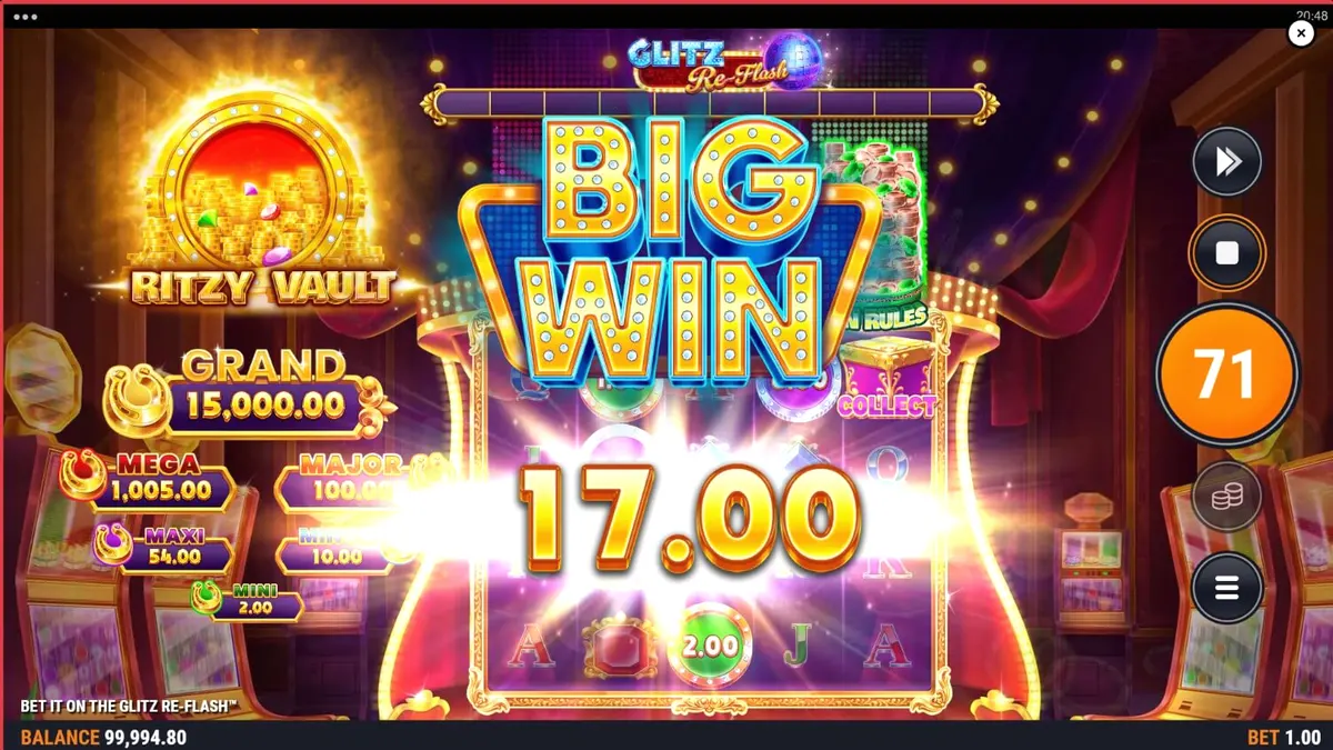 Neon Vegas themed slot machine interface na may mga kumukutitap na gemstones at disco balls