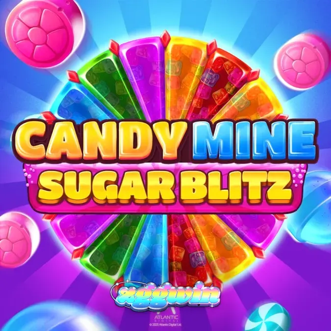 Makulay na interface ng Candy Mine Sugar Blitz slot na nagpapakita ng mga candy symbols at jackpot wheel.